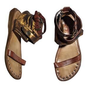 A.S.98 Cognac Brown Copper Leather Buckling Ankle Cuff Boho Flat Sandals 38 7.5